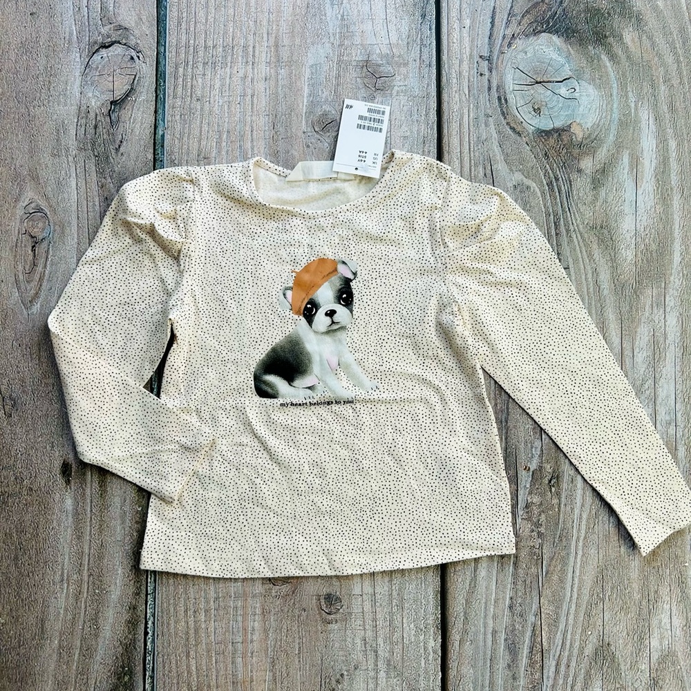 H&M size 4-6yrs Girls Cream Puppy Print Long Sleeve Top Shirt with Polka Dots
